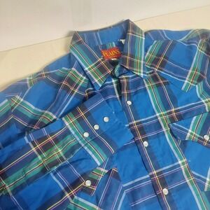 Ely Plains‎ Western Shirt Mens L Blue Plaid Long Sleeve Pearl Snap Cowboy